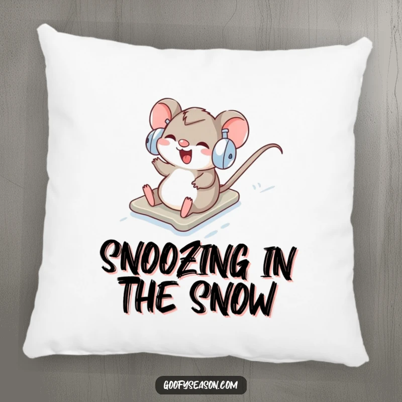 Funny Pillow: A giggling mouse wearing earmuffs enjoys a thrilling slide down a snowy hill.
