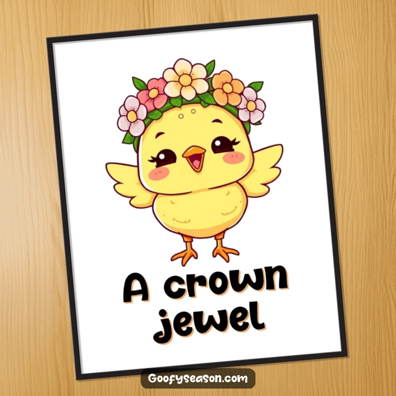 Funny digital art print: a joyous chick character wearing a flower crown, radiating humor and cheerful spring vibes.