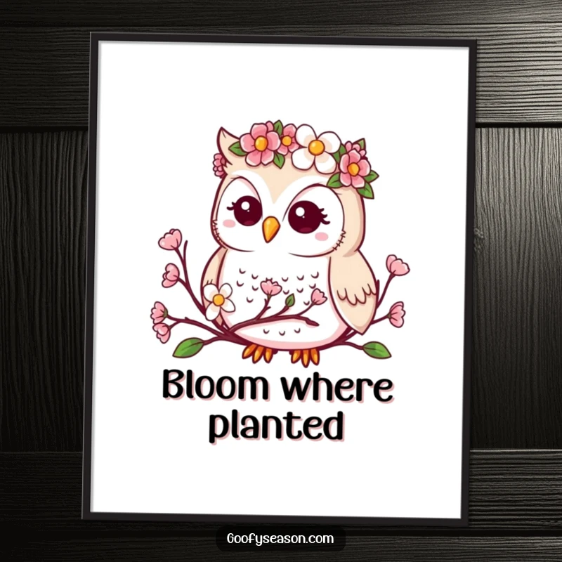 Funny digital art print of a cute kawaii owl wearing a flower crown, observing blooming spring buds.