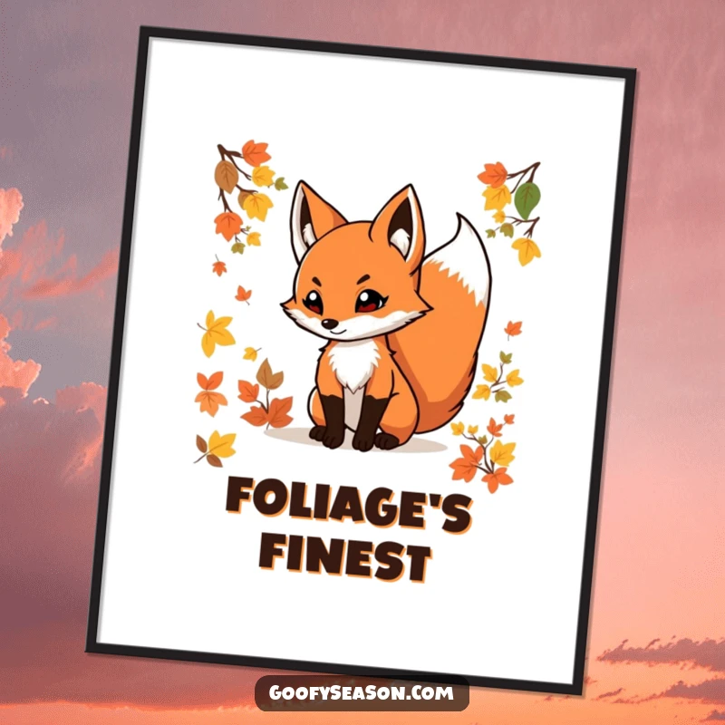 Funny fox autumn digital art print featuring a determined fox with a swishing tail amidst colorful foliage, ready to print.