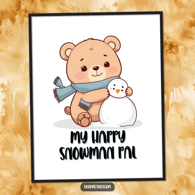Funny bear character wearing a scarf, joyfully building a snowman, printable winter art, whimsical.