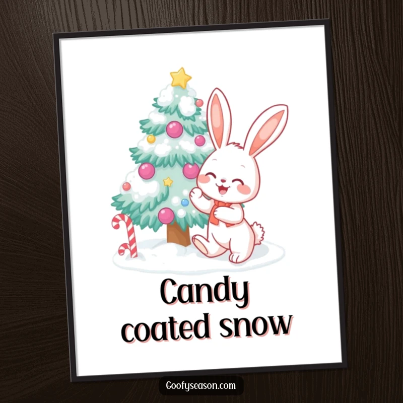 Funny bunny character excitedly decorating a snow-covered tree with candy, available as a digital art print for instant holiday decoration.
