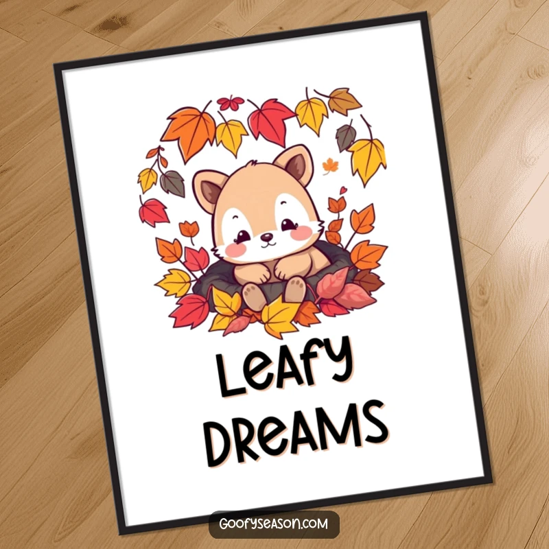 Funny digital art of a content animal character peacefully resting among a beautiful scattering of colorful falling autumn leaves.