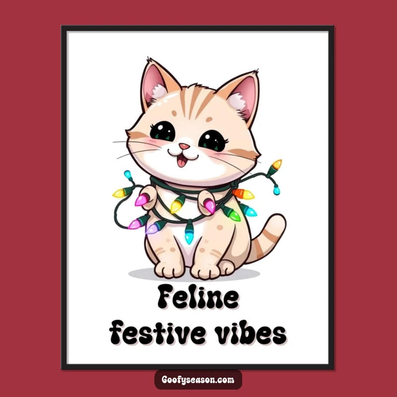 Funny Holiday Cat Digital Print - Playful Blinking Lights Wall Decor Funny Gift