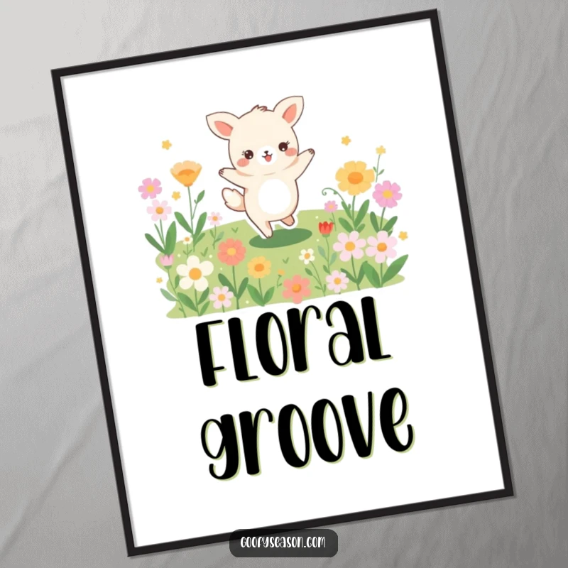 Funny digital art of a joyful animal character captured mid-dance in a lush field brimming with a profusion of colorful blooming flowers.