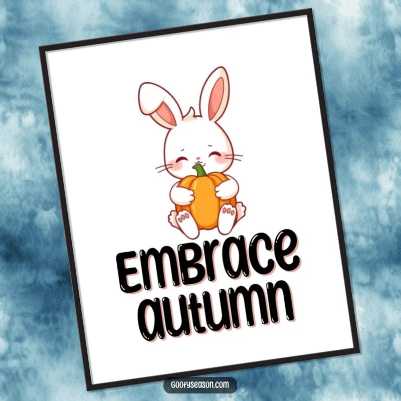 Funny Kawaii bunny with a shy smile holding a pumpkin, a charming autumn-themed digital art print for instant decor.