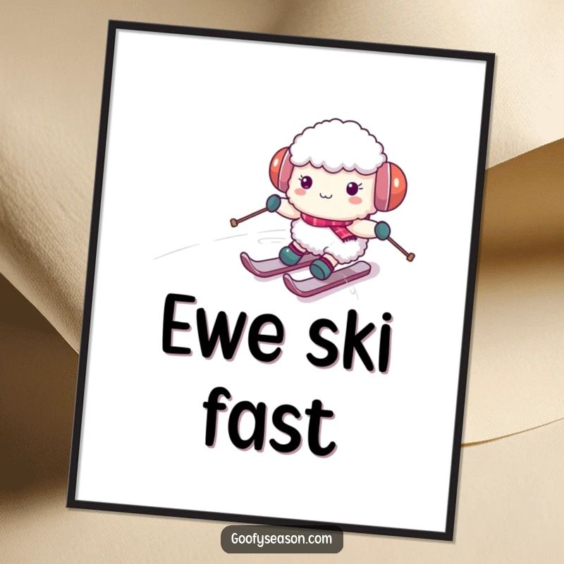 Funny sheep character wearing earmuffs, comically skiing down a snowy hill, presented as a digital art print for instant decor.