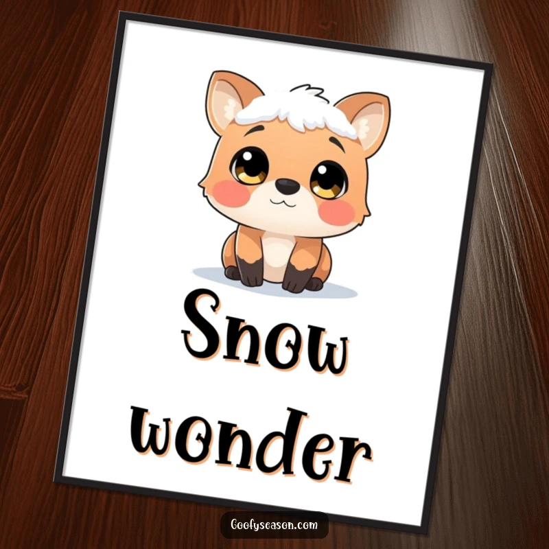 Funny digital art of a curious animal character with wide, wonder-filled eyes, observing a gentle, magical snowfall.