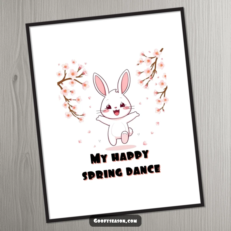 Funny cheerful bunny character hopping amidst falling cherry blossoms, printable spring art, whimsical.