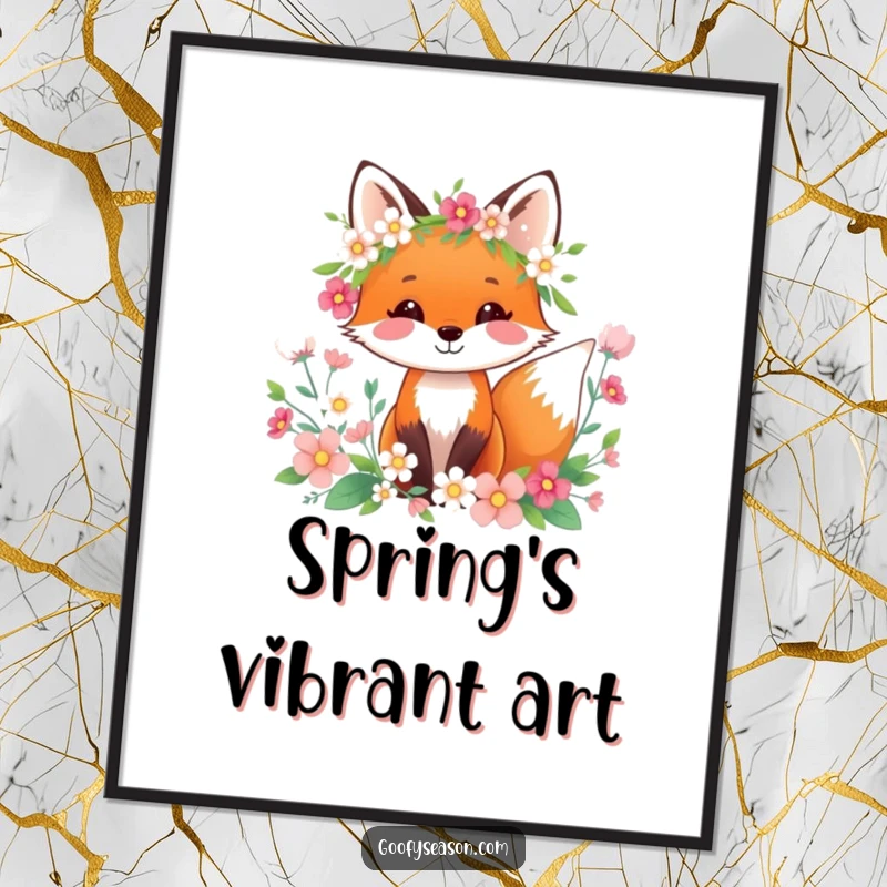 Funny happy fox wearing a spring wreath and flowers, as a digital art print for instant download.