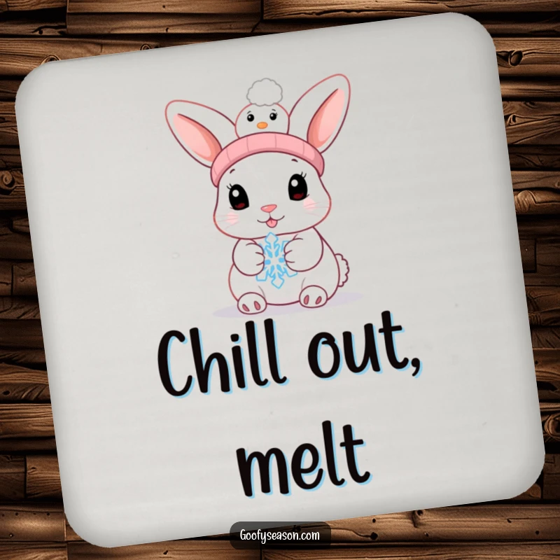 Funny bunny wearing a snowman hat holding a melting snowflake on drink coasters, protecting surfaces.