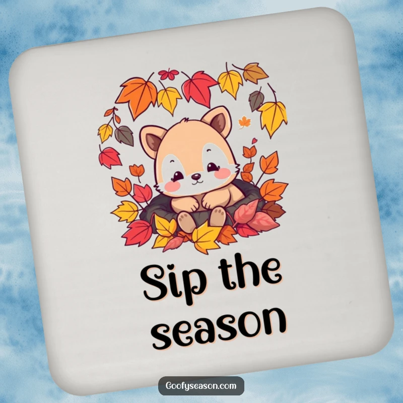 Funny coaster set featuring a content animal character nestled amongst colorful falling autumn leaves, protecting surfaces with charm.
