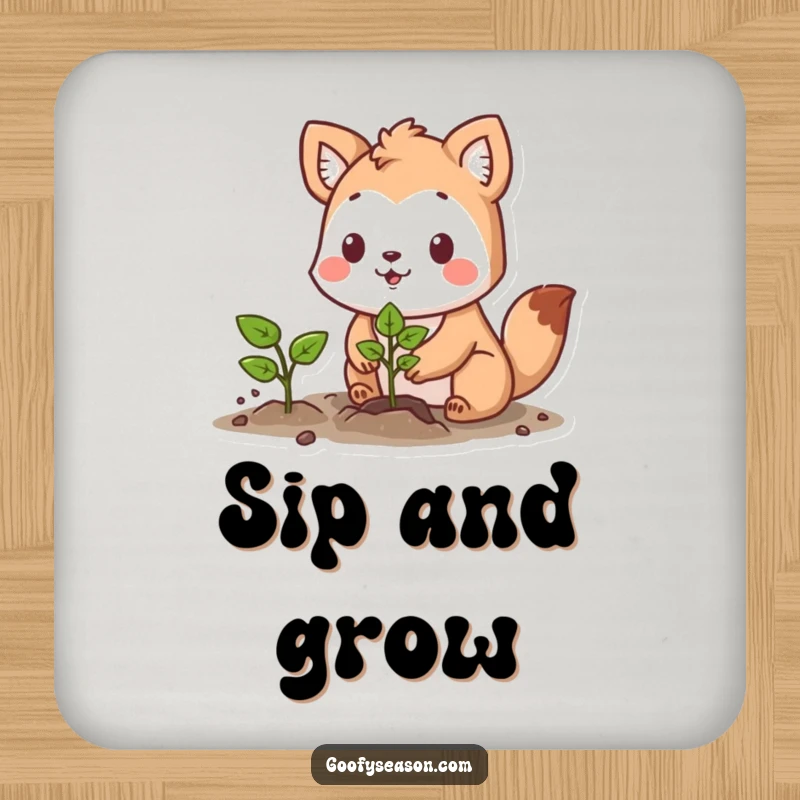 Funny coaster set featuring a determined animal character planting a vibrant seedling with a hopeful expression.