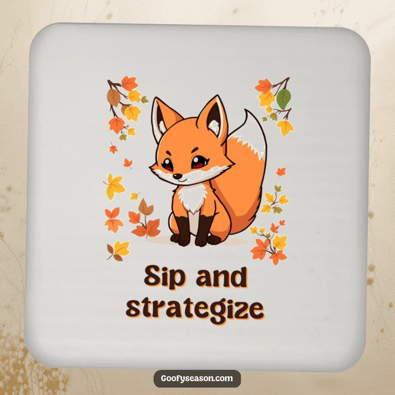 Funny fox coasters showcasing a determined fox with a swishing tail amidst colorful autumn leaves, adding seasonal flair.