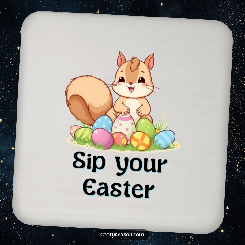 Funny Kawaii squirrel excitedly placing colorful Easter eggs on a cute, festive Easter-themed drink coaster.
