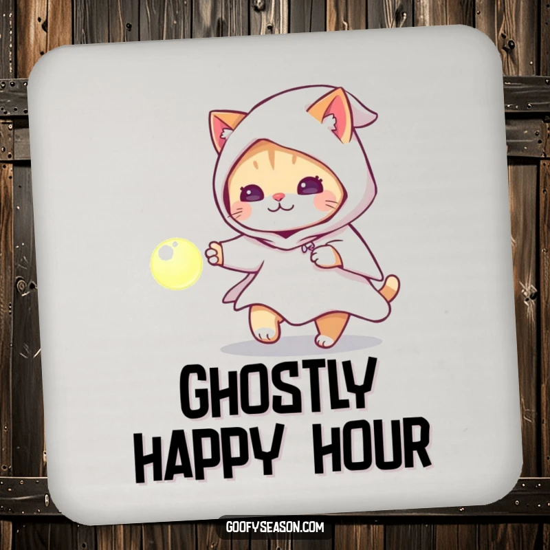 Funny cat wearing a ghost costume chasing a glowing orb on drink coasters, protecting surfaces.