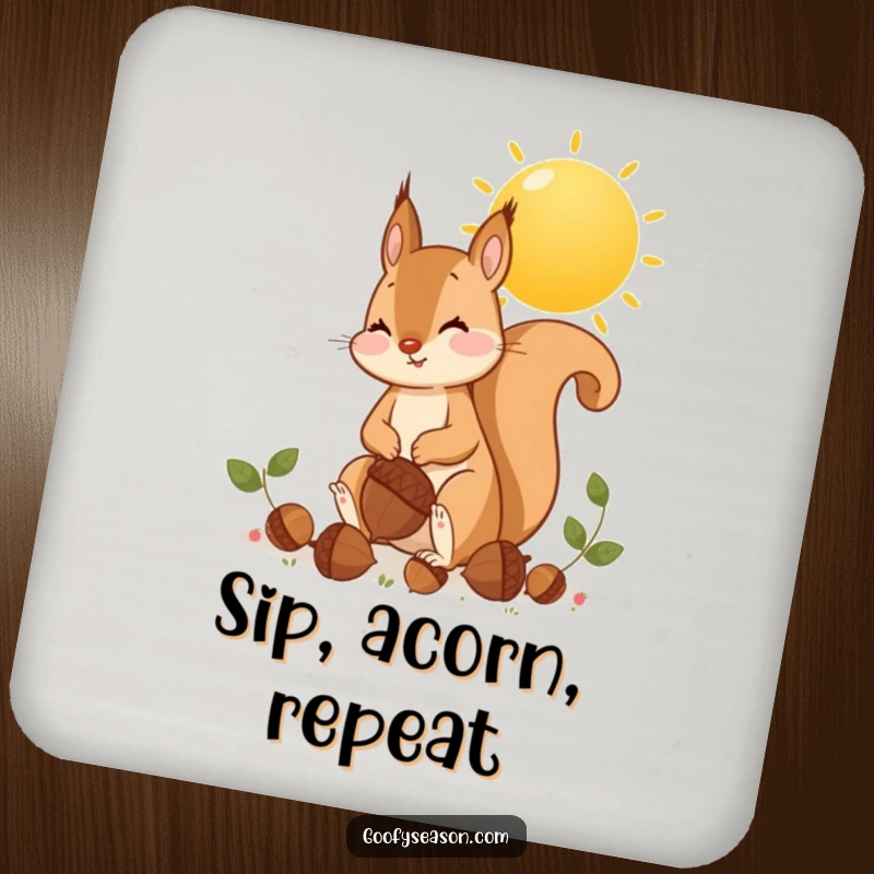 Funny squirrel gathering oversized acorns under a golden sun on drink coasters, autumn theme, cute.