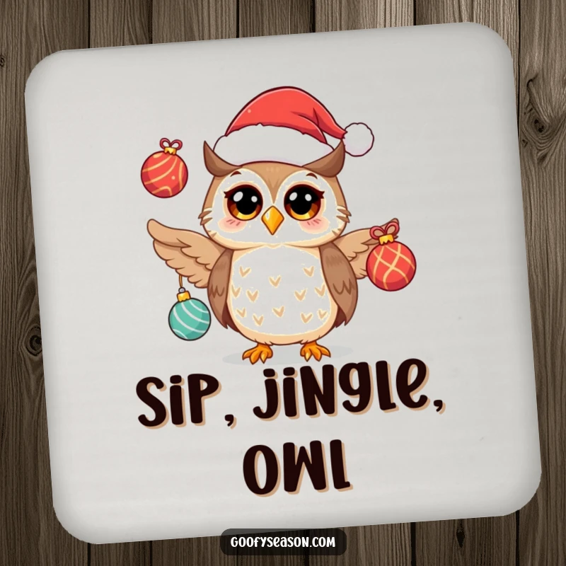 Funny owl in a Santa hat juggling festive ornaments on drink coasters, protecting surfaces.