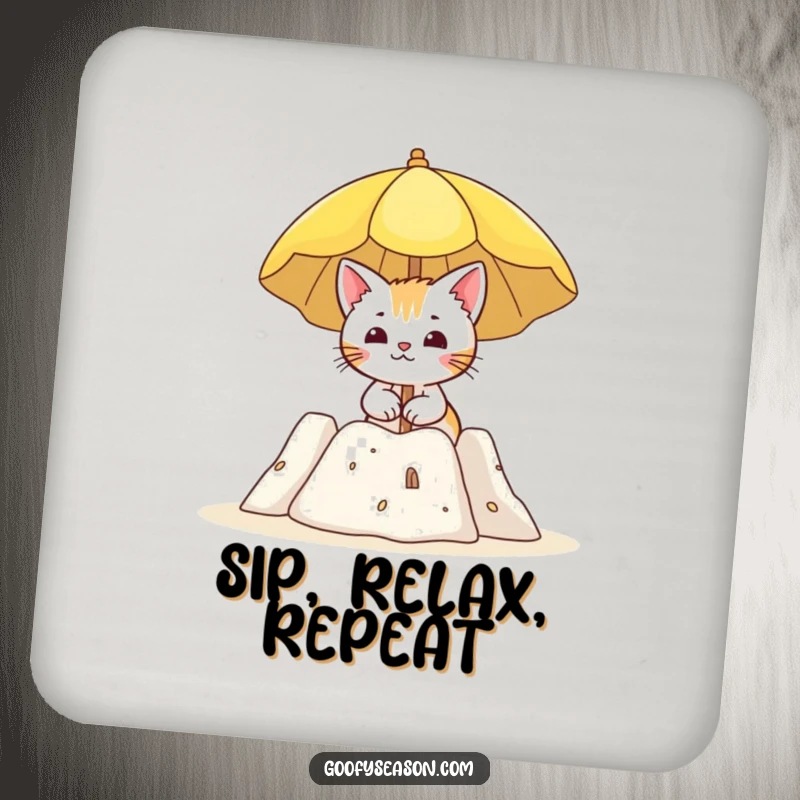 Funny coasters featuring a curious cat character holding a sun umbrella by a sandcastle, adding seaside flair.