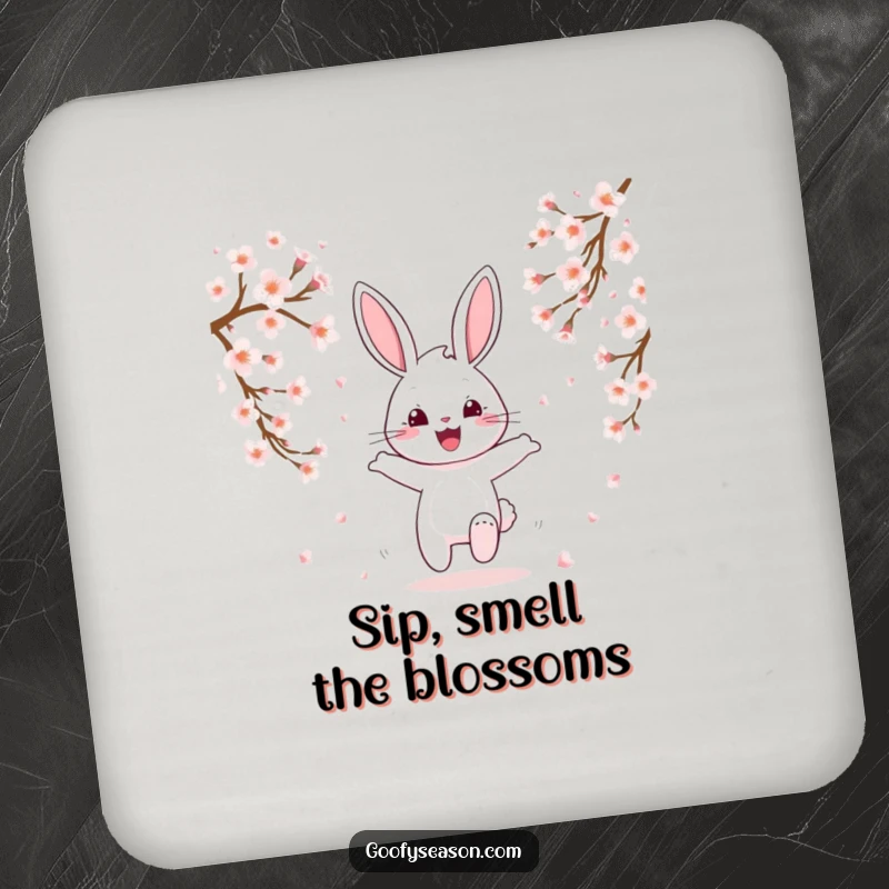 Funny happy bunny hopping through falling cherry blossoms on drink coasters, spring theme, cute.