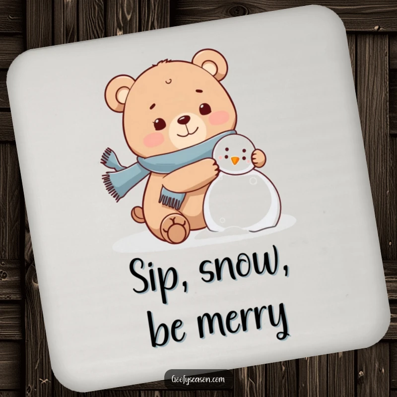 Funny bear wearing a scarf, happily building a snowman on drink coasters, winter theme, cute.