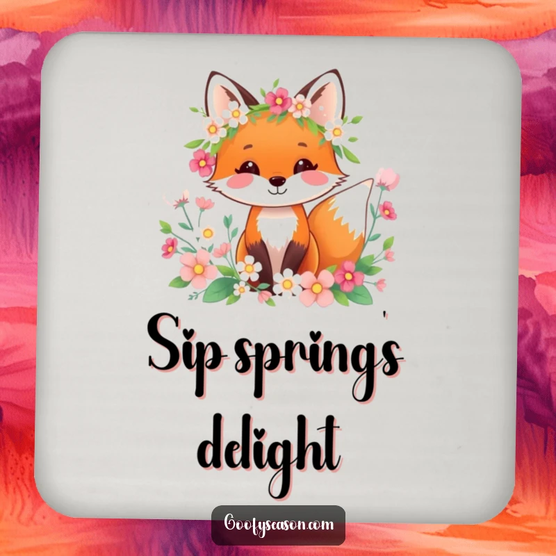 Funny happy fox with a spring wreath and flowers on drink coasters, protecting surfaces.