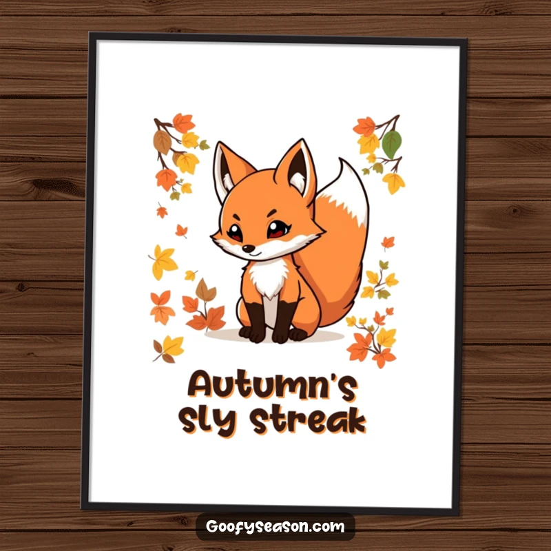 Funny fox poster showcasing a determined fox with a swishing tail amidst vibrant autumn foliage, bringing the outdoors in.