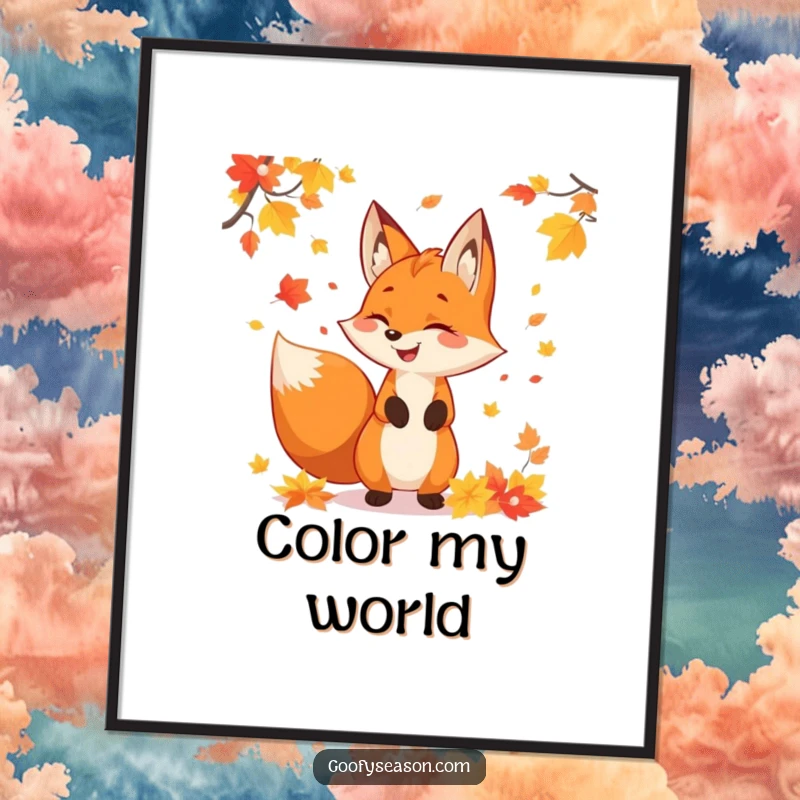Funny fox character playfully juggling colorful autumn leaves, presented as a festive poster print for fall decoration.