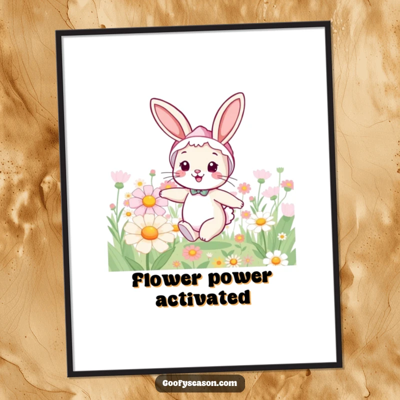 Funny bunny poster art of a cheerful rabbit in a spring bonnet, joyfully hopping amidst a field of giant flowers.