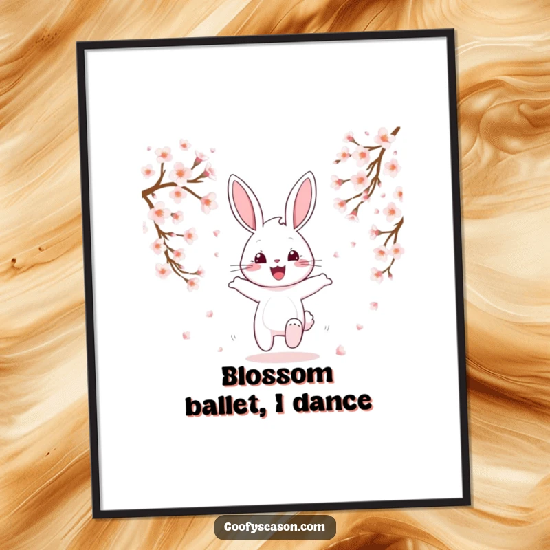Funny cheerful bunny character hopping amidst falling cherry blossoms, spring art print, whimsical decor.