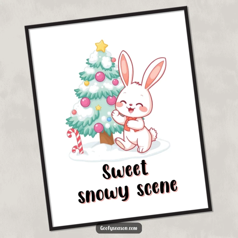 Funny bunny character decorating a snow-covered tree with candy, presented as a festive poster print for holiday decoration.