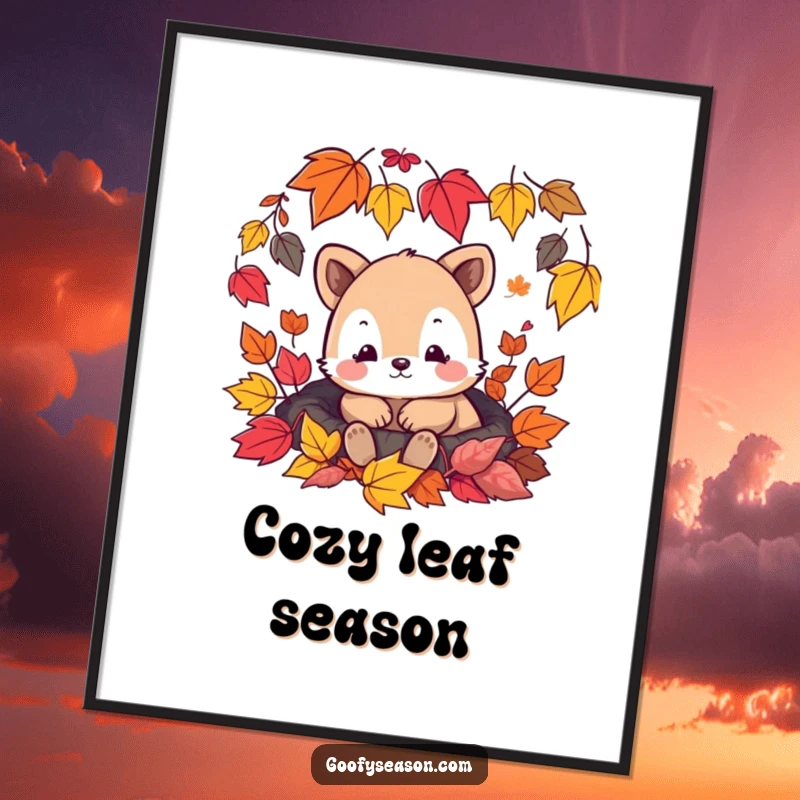 Funny poster art of a content animal character nestled contentedly within a vibrant display of falling autumn leaves.