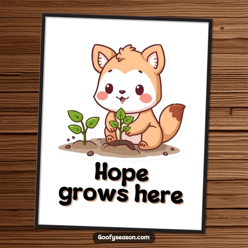 Funny poster art of a determined animal character planting a vibrant seedling with a hopeful and focused expression.