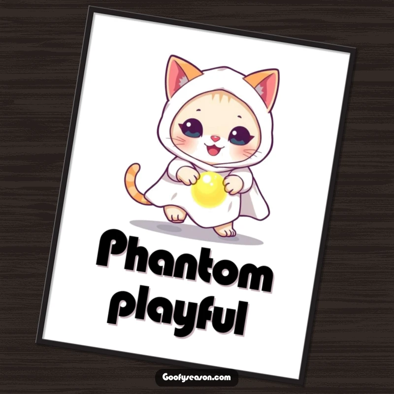 Funny cat dressed as a ghost, chasing a glowing orb, on a Halloween-themed art print.