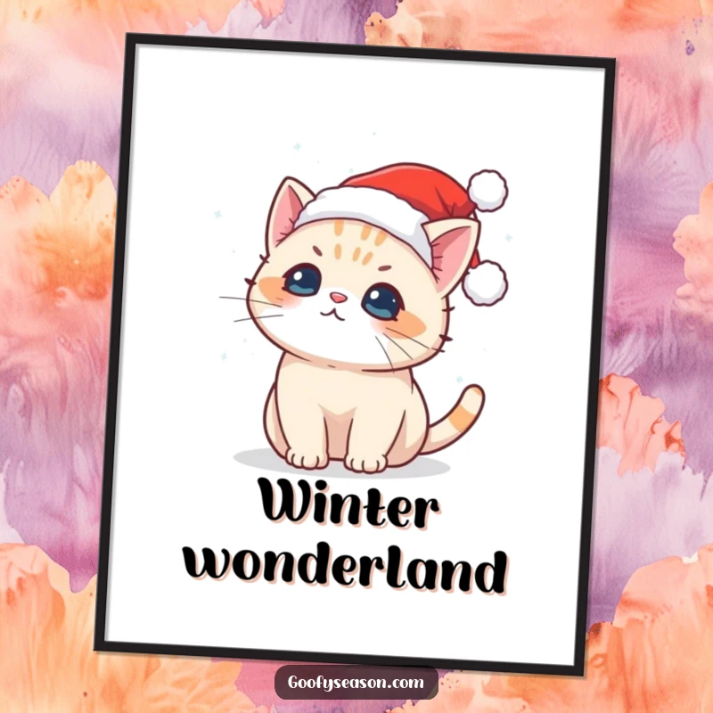 Funny poster of a cute Kawaii cat in a Santa hat trying to catch falling snowflakes, perfect holiday wall art.