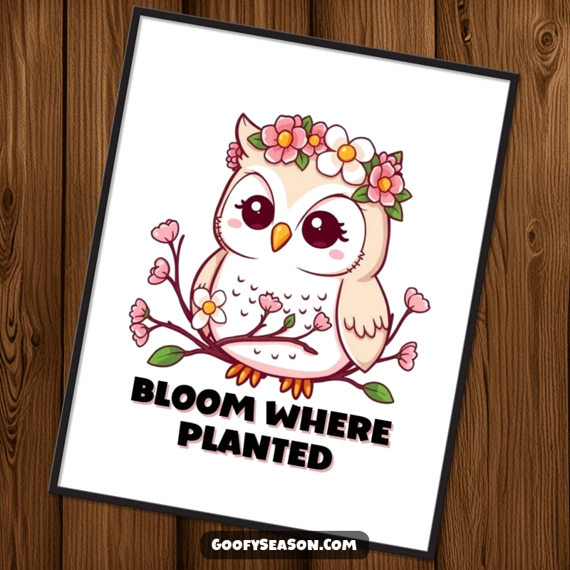 Funny poster art of a cute kawaii owl wearing a flower crown, observing delicate spring buds.