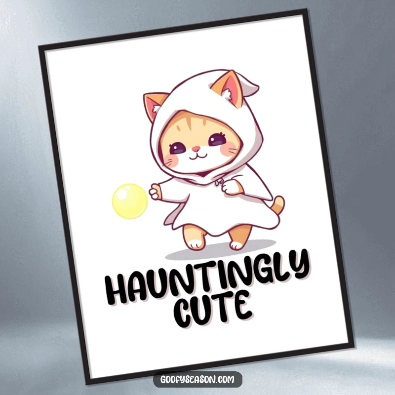 Funny cat wearing a ghost costume, chasing a glowing orb, displayed as a spooky wall art poster.