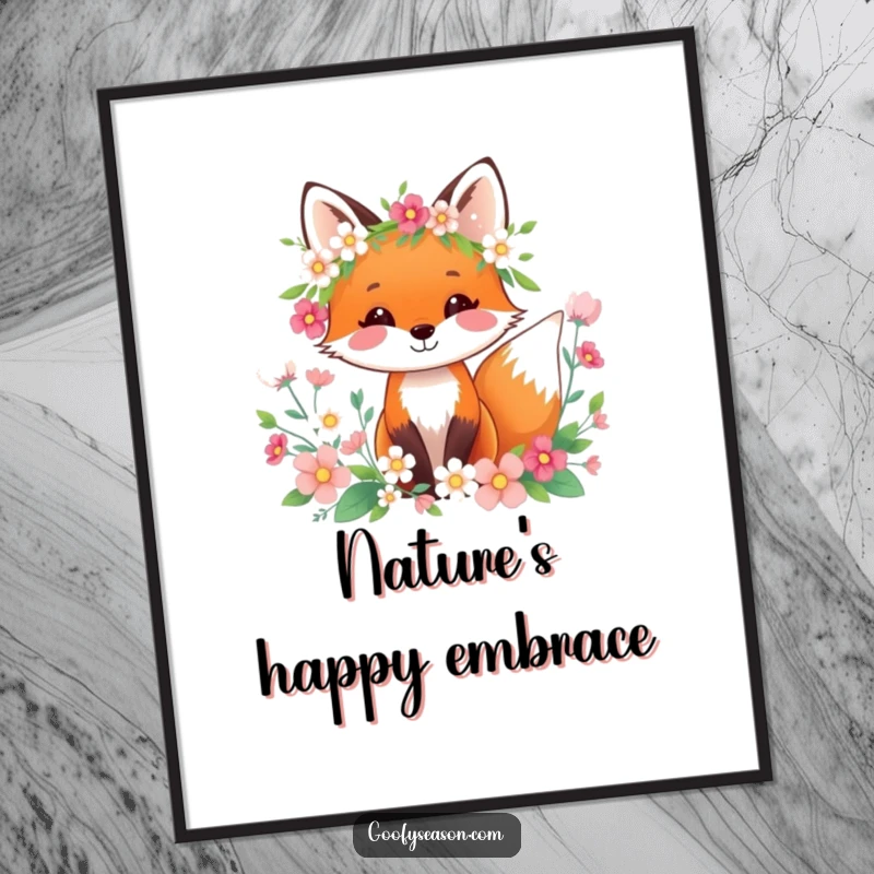 Funny happy fox wearing a spring wreath and flowers, presented as a cheerful wall art poster.