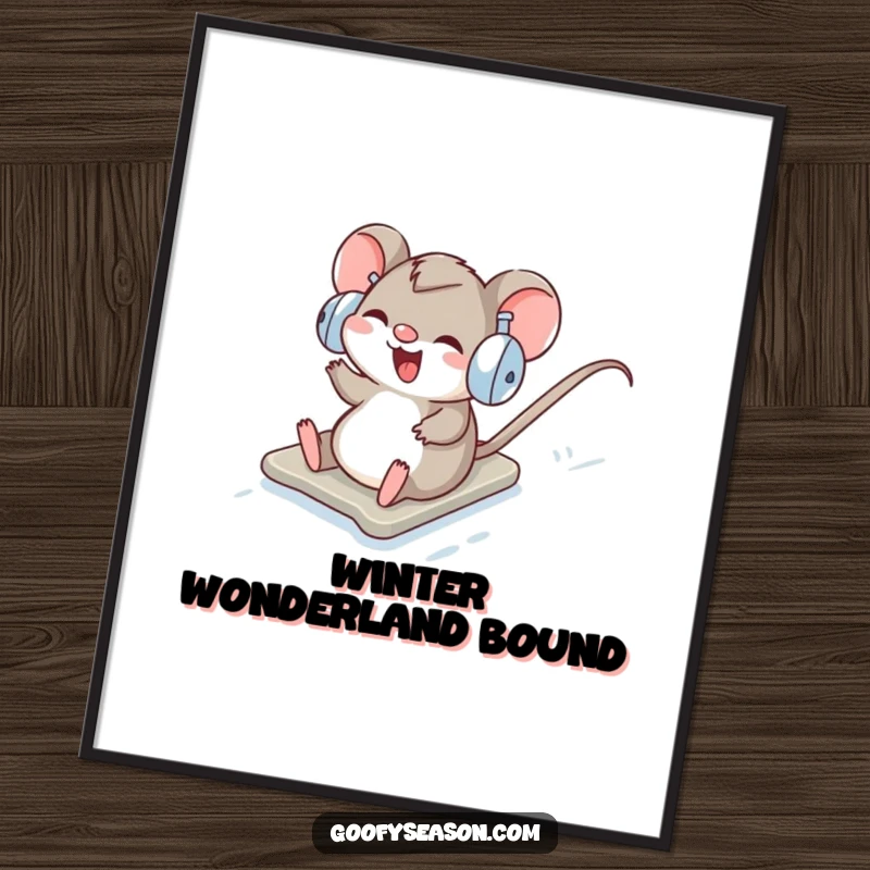 Funny Poster: A giggling mouse in earmuffs has a blast sliding down a snow-covered hill.