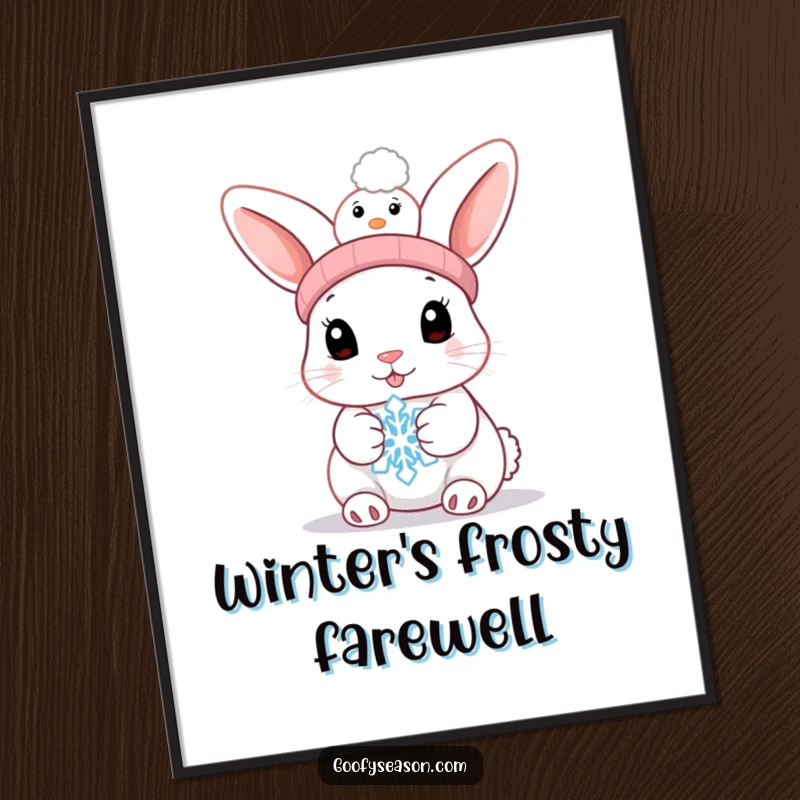 Funny bunny wearing a snowman hat, holding a melting snowflake, displayed as a charming wall poster.