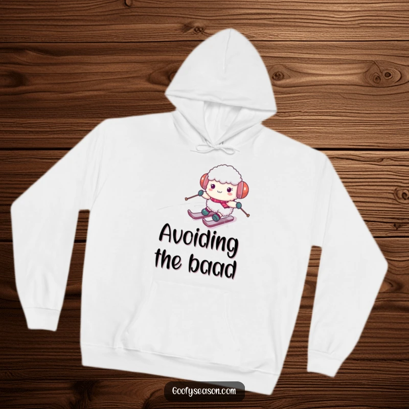 Funny sheep character wearing earmuffs, awkwardly skiing down a snowy slope on a hoodie, perfect for cozy winter days.