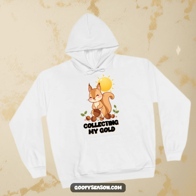 Funny playful squirrel gathering oversized acorns under a golden sun, cozy autumn hoodie.