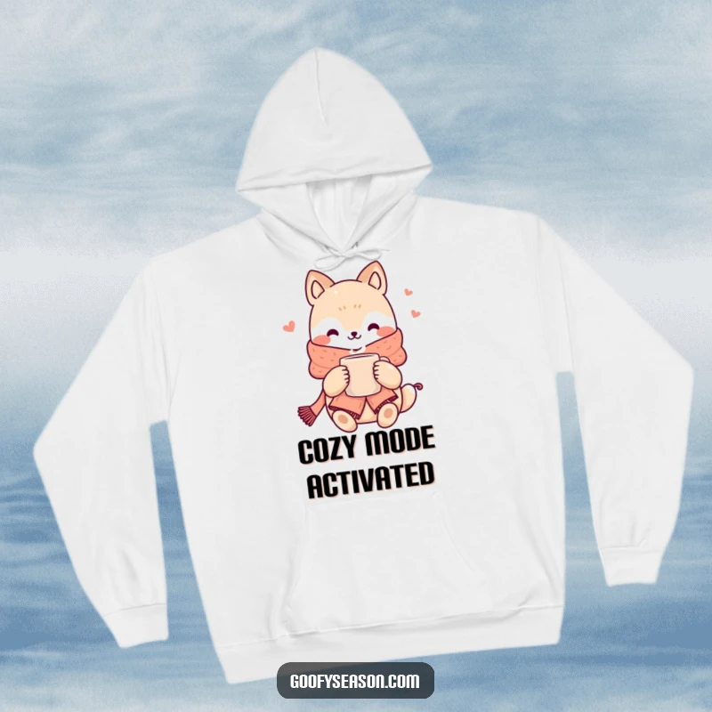 Funny kawaii animal character wearing a thick scarf and holding a steaming mug, designed for maximum coziness.