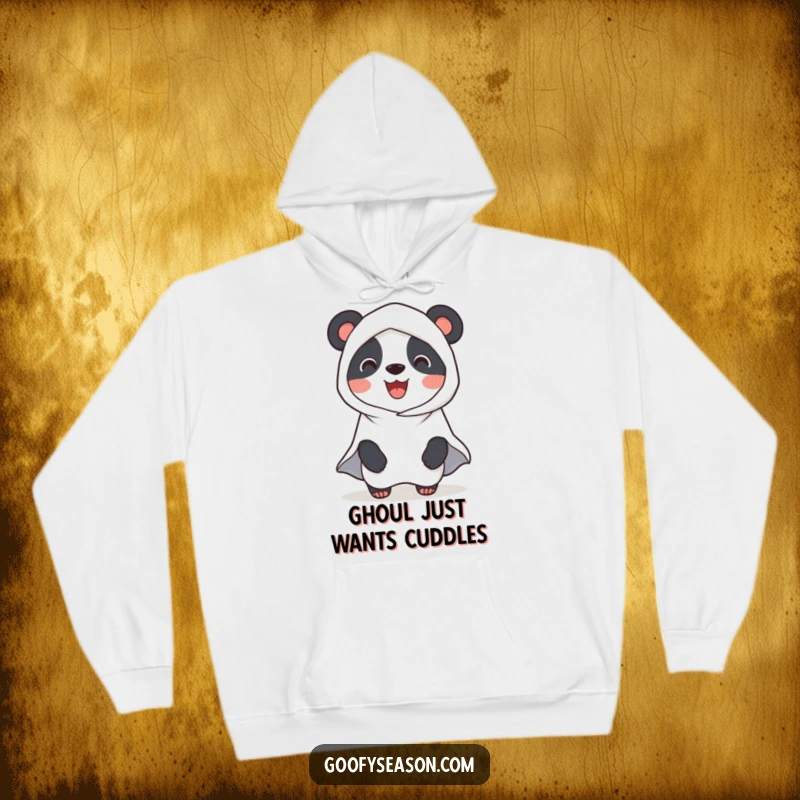Funny Panda Ghost Hoodie: A smiling panda dressed as a ghost for Halloween, offering cozy comfort and a touch of playful fright.
