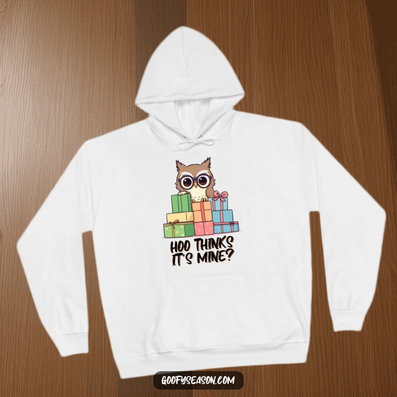 Funny owl with glasses peeking from behind presents, on a cozy hoodie, a thoughtful funny gift.
