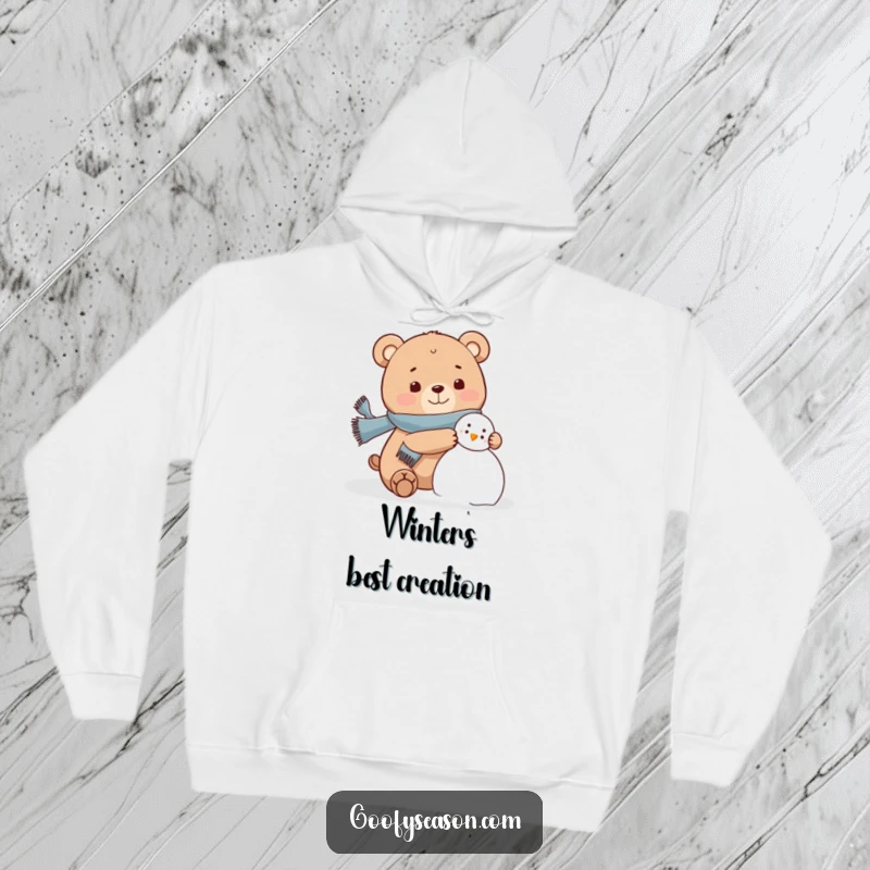 Funny bear wearing a scarf, joyfully building a snowman, cozy winter hoodie, cute character.