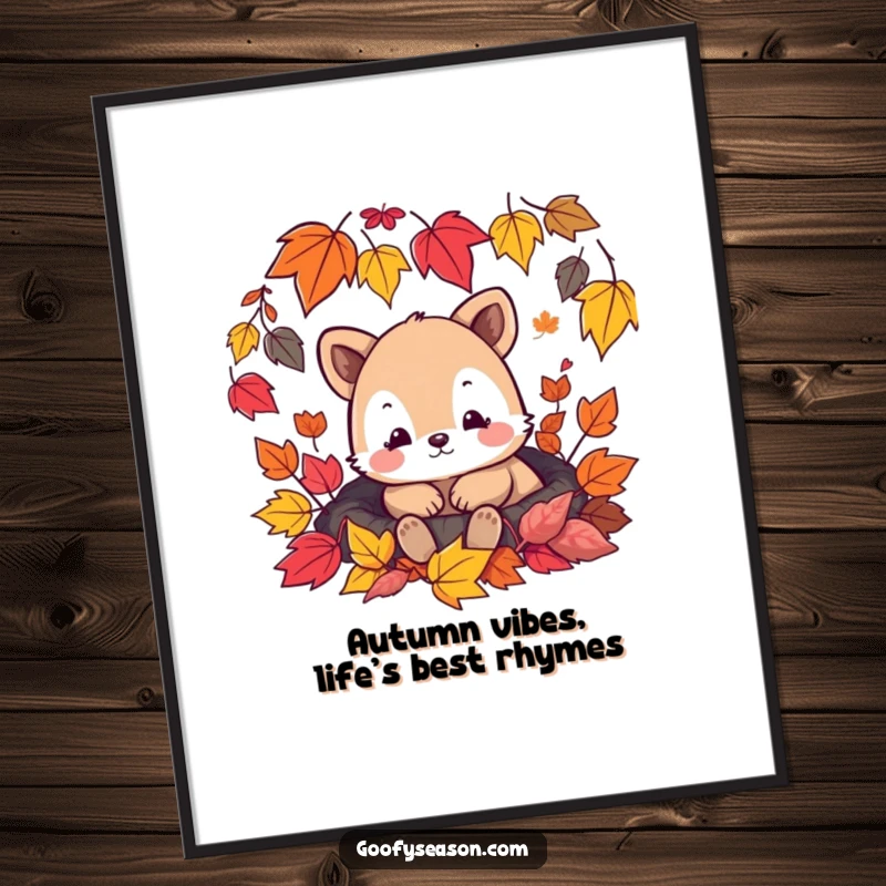 Funny Free Printable Wall Art: A content cozy animal rests peacefully among a cascade of colorful falling autumn leaves, bringing warmth.