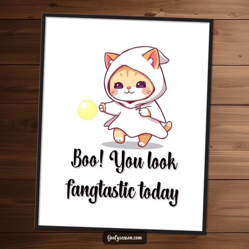 Free Printable Wall Art: A cute cat in a ghost costume is captured mid-leap, chasing a bright, ethereal glowing orb.