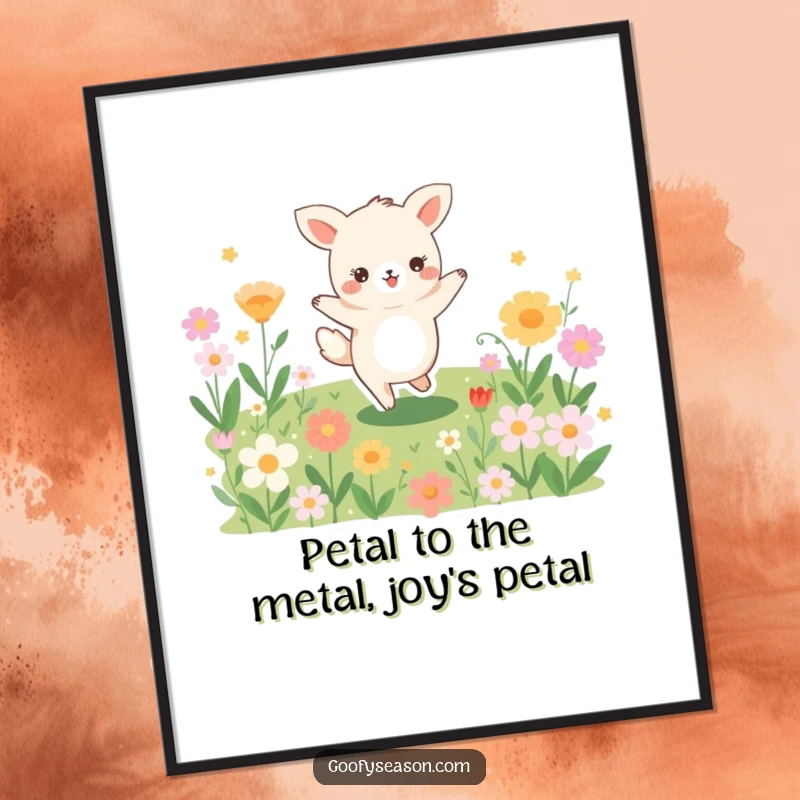 Funny Free Printable Wall Art: A joyful animal is depicted mid-dance in a vibrant field bursting with colorful, blooming flowers, radiating happiness.