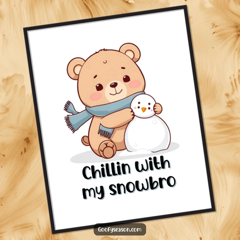 Funny Free Printable Bear Wall Art: A happy bear character in a scarf joyfully builds a snowman in the snow.